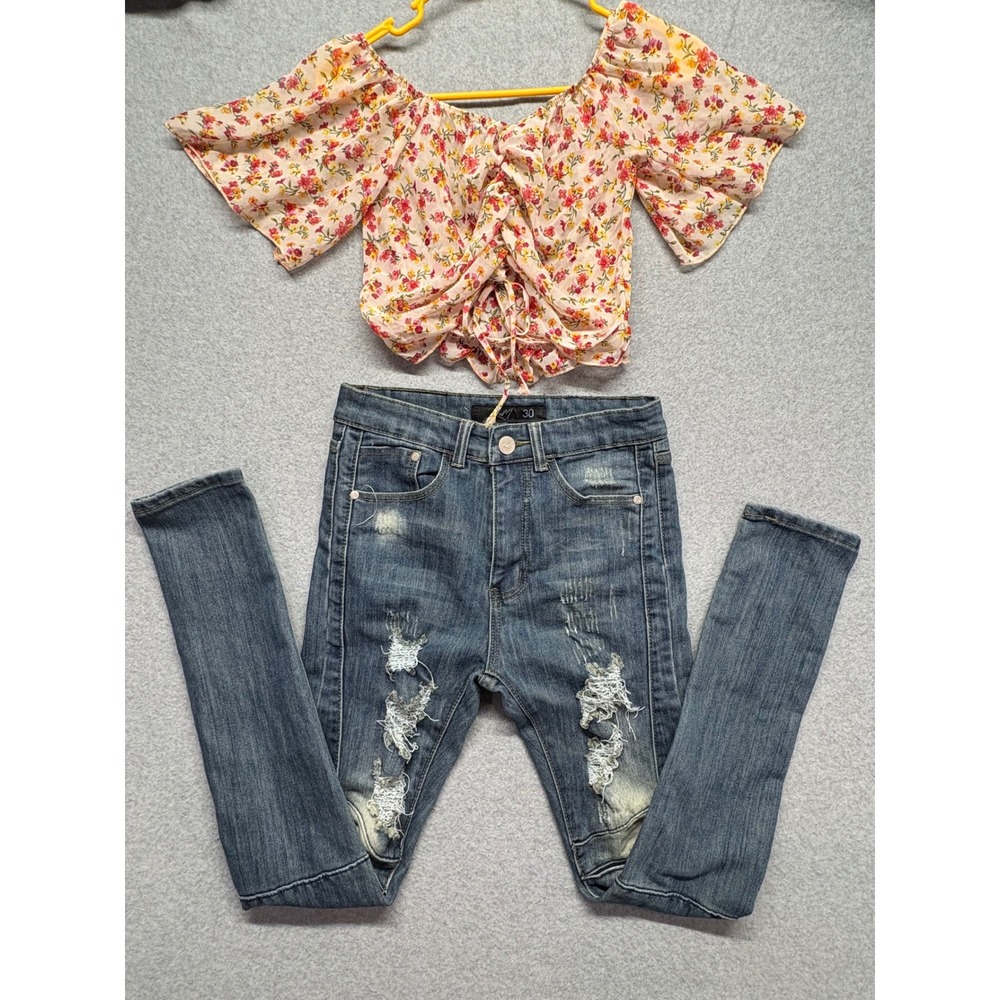 Minette‎ Floral Crop Top and K&M Distressed Skinny Jeans 2 Piece Set Size 30